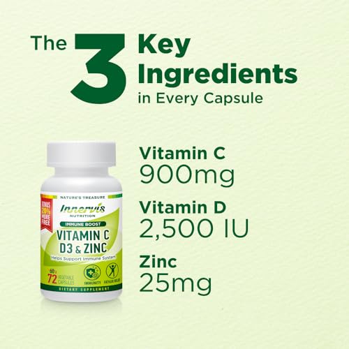 INNERVISNUTRITION Immunity Immune Boost Vitamin C 900mg, D3 2,500 IU, Zinc 25mg | 72 Veggie Capsules, 72-Day Supply | Immune System Support | Made in USA, Vegetarian-Friendly, 3rd Party Lab Tested