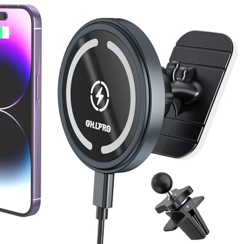 OHLPRO for MagSafe Car Mount Charger iPhone Wireless Car Charger, Stick on Dashboard Magnetic Phone Holder Mount for iPhone 16 Pro Plus Max 15 14 13 12 Series, 15W Fast Charging, Aluminum Shell