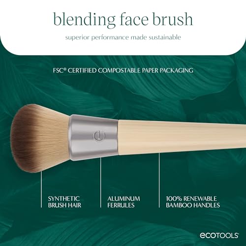EcoTools Blending Face Makeup Brush, For Liquid & Cream Foundation, Bronzer, & Blush, Multipurpose Makeup Brush, Dense, Synthetic Bristles, Eco Friendly, Cruelty-Free & Vegan, 1 Count