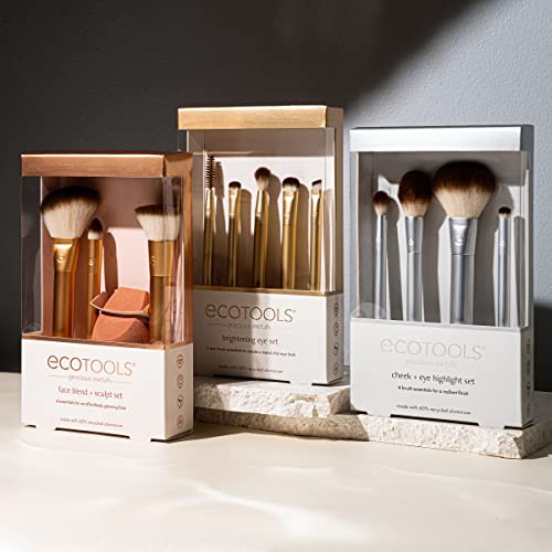 EcoTools Precious Metals Cheek & Eye Highlight Makeup Brush Kit, for Eyeshadow, Blush, & Powder Products, Eco Friendly, Cruelty Free Face Brushes, Recycled Aluminum, Chrome, 4 Piece Set