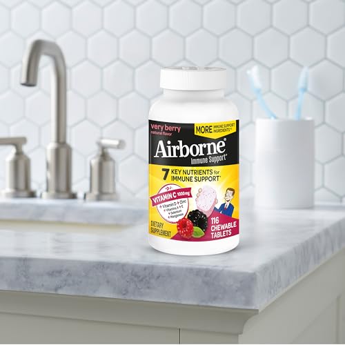 Airborne 1000mg Vitamin C with Vitamin D & Zinc, Multivitamin Immune Support Supplement, Antioxidants Vitamins A C & Vitamin E, 116 Chewable Tablets, Very Berry Flavor