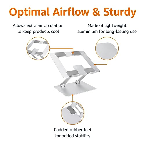 Amazon Basics Ergonomic and Foldable Laptop Stand for Desk, Adjustable Riser, Fits all Laptops and Notebooks up to 17.3 Inch, 10 x 8.7 x 6 in, Silver