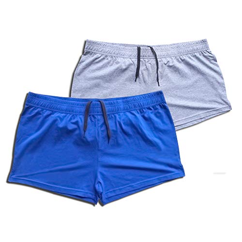 JEEING GEAR Men's Bodybuilding Gym Workout Fitness Shorts 3" Inseam inch Cotton Without Pocket Blue Gray 2pcs M