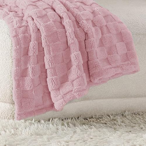 HOMRITAR 3D Gingham Fleece Baby Blanket for Girls Boys Chessboard Grid Warmer Comfort Reversible Shaggy Cozy Decor for Home Bed Blanket for Toddlers 30 x 40 Inches Coral Pink