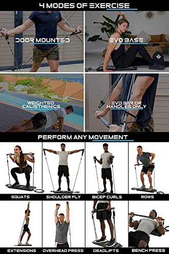 EVO Gym - Portable Home Gym Strength Training Equipment, at Home Gym | All in One Gym - 8 Resistance Bands, Base Holds Gym Bar & Handles for Travel | Portable Gym & Home Exercise Equipment | 220LBS
