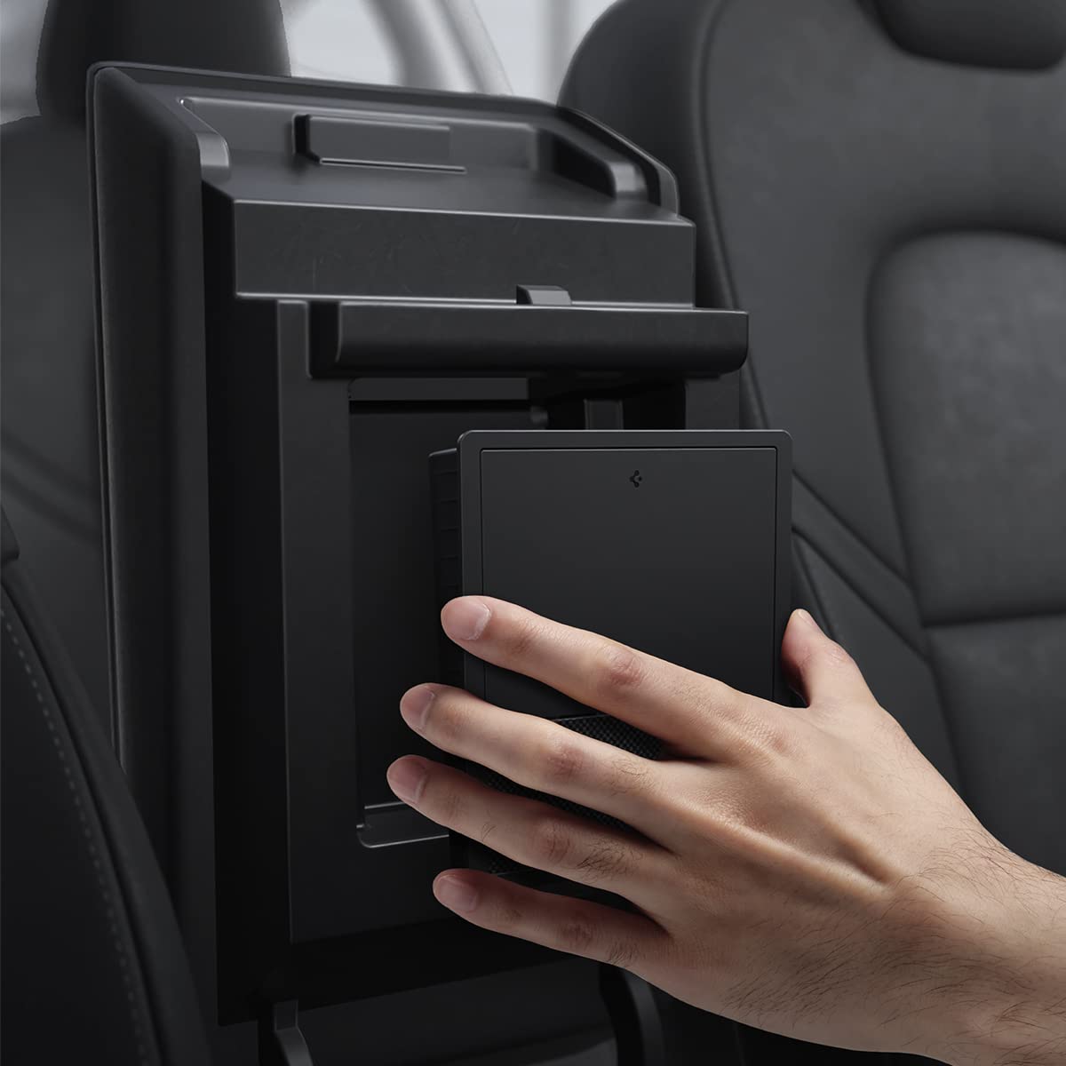 Spigen One-Tap Hidden Storage Box Designed for Tesla Model 3 & Y Center Console Organizer Armrest 2024/2023/2022 [Not Compatible with Model 3 2025/2024 Refresh and Model Y 2025] (Carbon Edition)