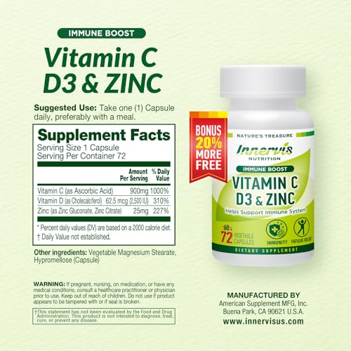 INNERVISNUTRITION Immunity Immune Boost Vitamin C 900mg, D3 2,500 IU, Zinc 25mg | 72 Veggie Capsules, 72-Day Supply | Immune System Support | Made in USA, Vegetarian-Friendly, 3rd Party Lab Tested