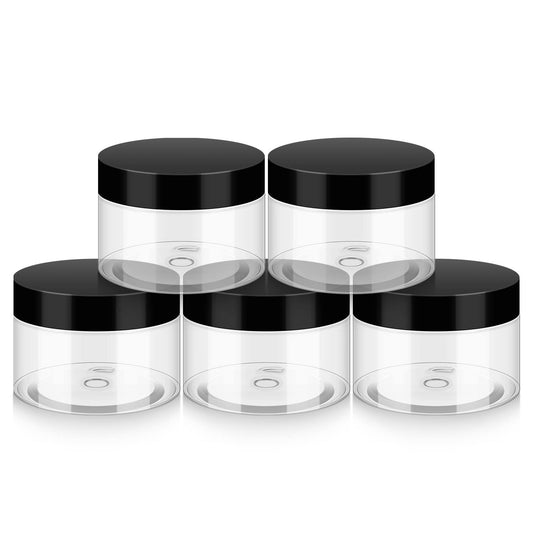 BonyTek Household 4oz Plastic Jars with Lids, 5 Pack BPA Free, Reusable, Refillable Transparent Cosmetic Containers for Bath Salts, Cosmetics, Powders, Beauty Product and Small Accessories