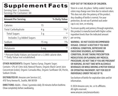 Amazon Basics Melatonin 5mg, 120 Gummies (2 per Serving), Strawberry (Previously Solimo)