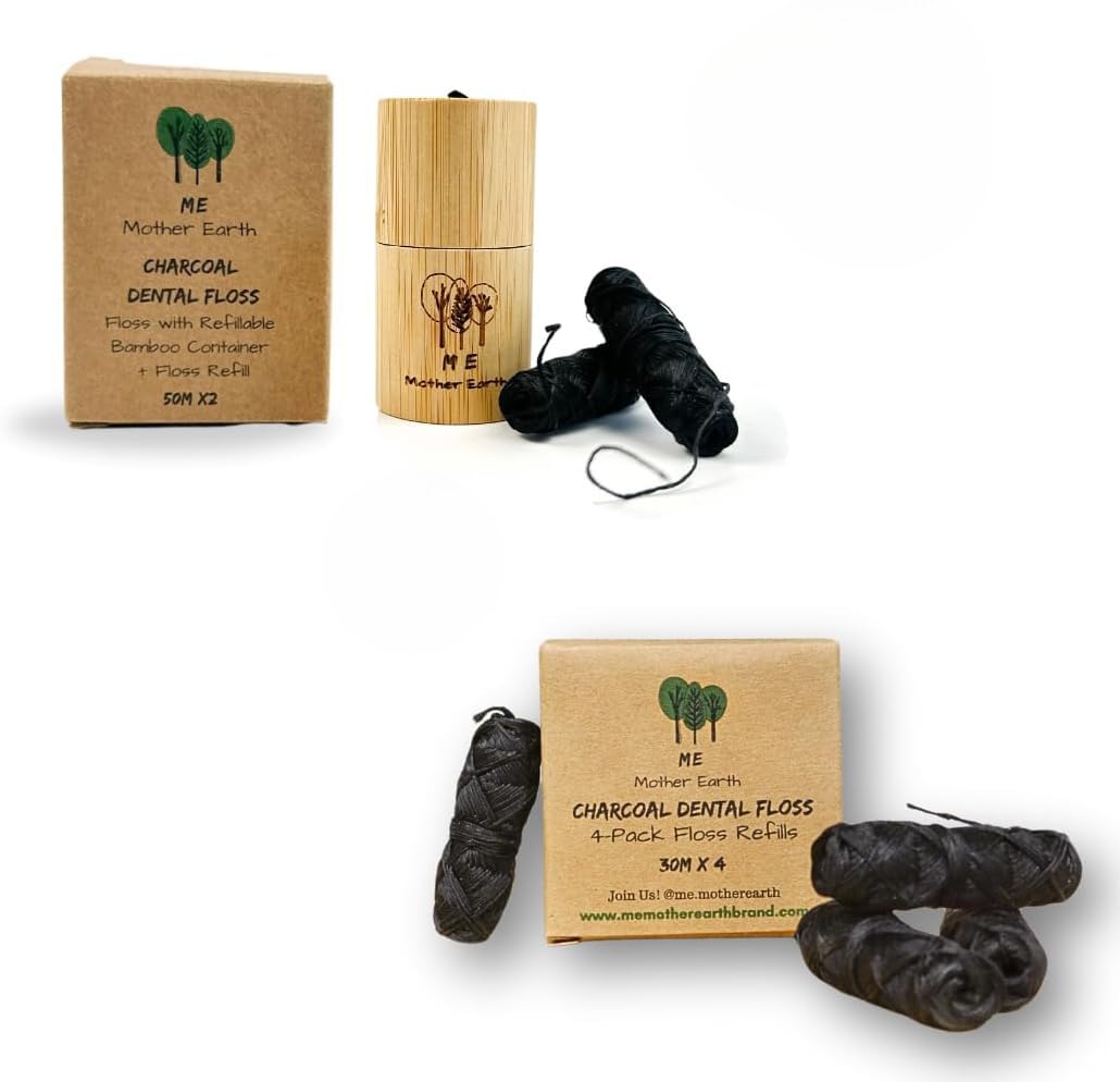 Vegan Biodegradable Bamboo Charcoal Dental Floss with Refillable Bamboo Container with 30M x4 Refill | Peppermint Essential Oil | Eco Friendly Zero Waste Oral Care