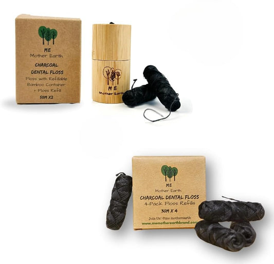 Vegan Biodegradable Bamboo Charcoal Dental Floss with Refillable Bamboo Container with 30M x4 Refill | Peppermint Essential Oil | Eco Friendly Zero Waste Oral Care
