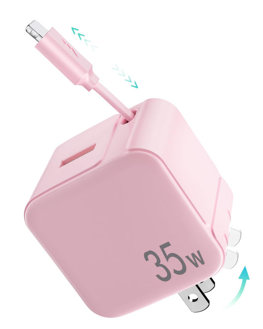 Retractable Wall Charger,35W PD Fast USB Charger Block with Retractable Lightening Cables for iPhone,Portable Adapter with Foldable Plug for iPhone14/13/12,iPad,Air-Pods(Pink)