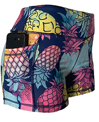 Epic MMA Gear 3" Stretchy Active Fitness Yoga Running Exercise Workout Shorts Side Pockets (XS, Multi Pineapple)