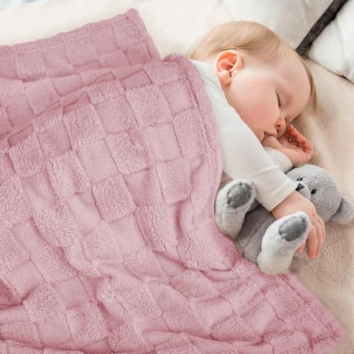 HOMRITAR 3D Gingham Fleece Baby Blanket for Girls Boys Chessboard Grid Warmer Comfort Reversible Shaggy Cozy Decor for Home Bed Blanket for Toddlers 30 x 40 Inches Coral Pink