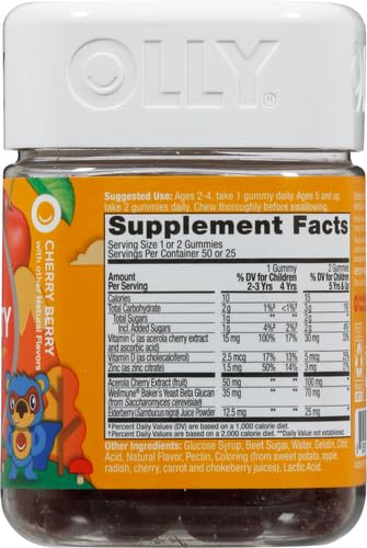 OLLY Kids Immunity Gummy, Immune Support, Wellmune, Elderberry, Vitamin C, Zinc, Chewable Supplement, Cherry - 50 Count
