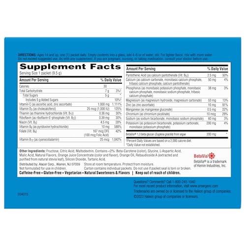 Emergen-C Immune+ Triple Action Immune Support Powder, BetaVia (R), 1000mg Vitamin C, B Vitamins, Vitamin D and Antioxidants, Super Orange – 50 Count
