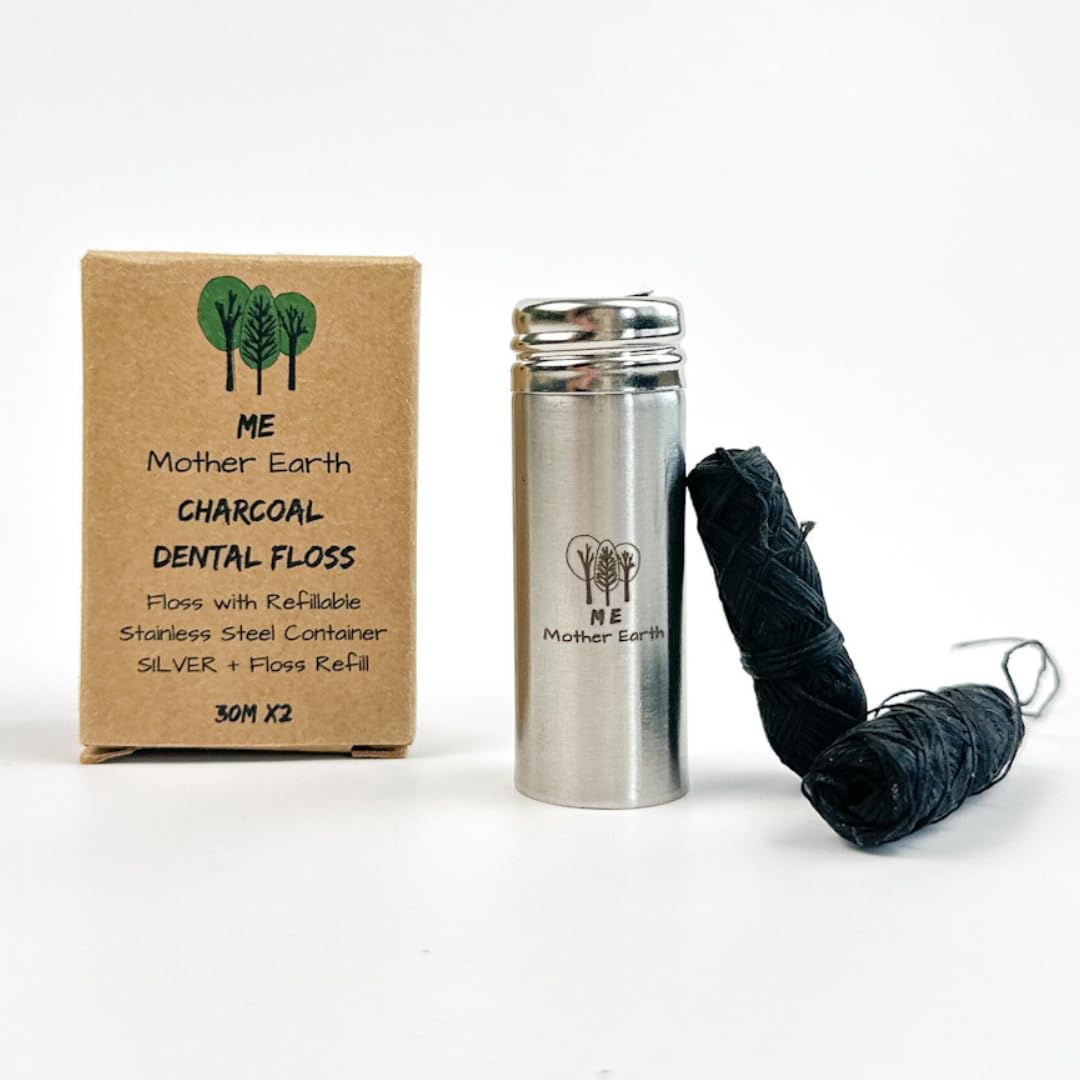 Vegan Biodegradable Bamboo Charcoal Dental Floss with Refillable Stainless Steel Container with 30M x4 | Peppermint Essential Oil | Eco Friendly Zero Waste Oral Care
