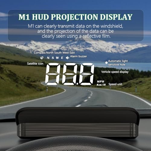 Liiiyuan M1 White Windshield Projection Heads Up Display, Digital GPS Speedometer with Speed, Travel Direction Function, and Overspeed Alarm, Fatigue Driving Alarm， Suitable for All Vehicles