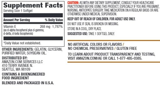 Amazon Elements Vitamin E, 400 IU, 100 Softgels, 100 days of supply (Packaging may vary)