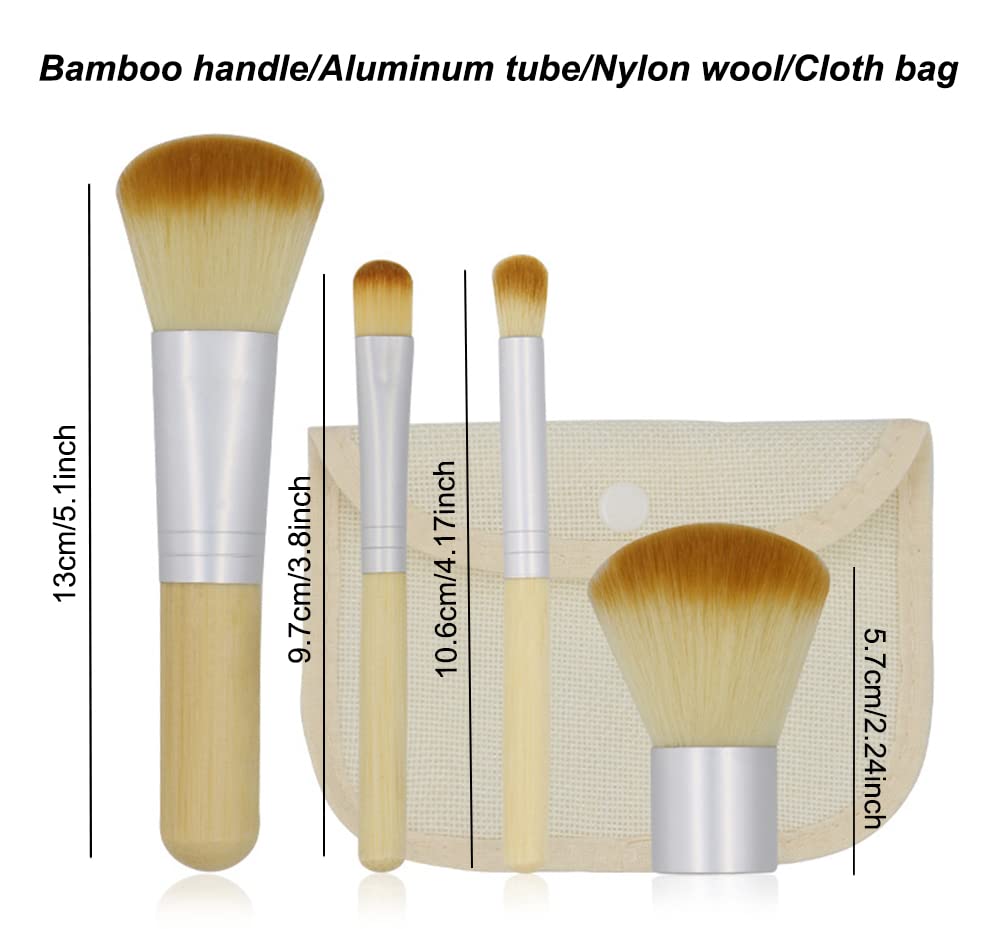 AKOAK 4 Pcs/Set Natural Bamboo Handle Makeup Brush, with a Storage Bag, Very Suitable for Travel, Blush/Powder/Eye Shadow Brush Set, Beauty Tools