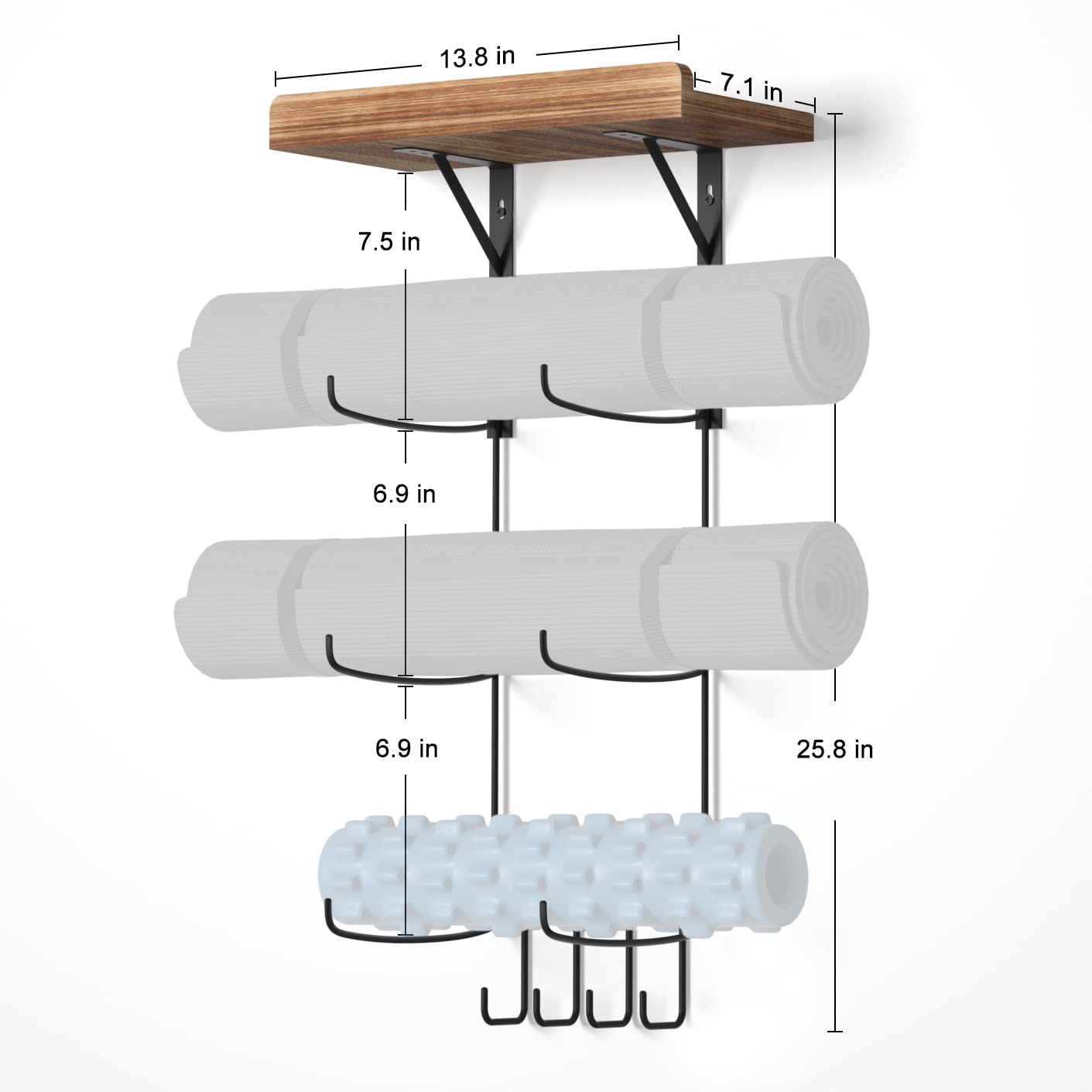 VINAEMO Yoga Mat Holder Accessories Wall Mount Organizer Storage Decor Foam Roller and Towel Storage Rack with 4 Hooks and Wooden Shelves Yoga Mats Rack Resistance Bands for Home Gym School Office