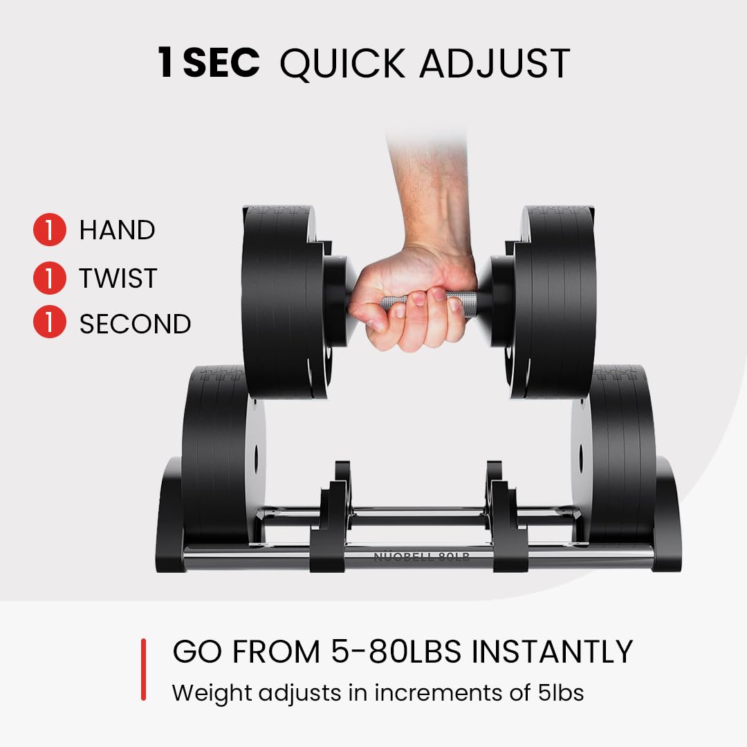 NÜOBELL Adjustable Dumbbell Pair 5-80 lbs: the Adjustable Dumbbells and Free Weights You've Always Wanted for Home Gym, Weight Benches and Dumbbell Exercise