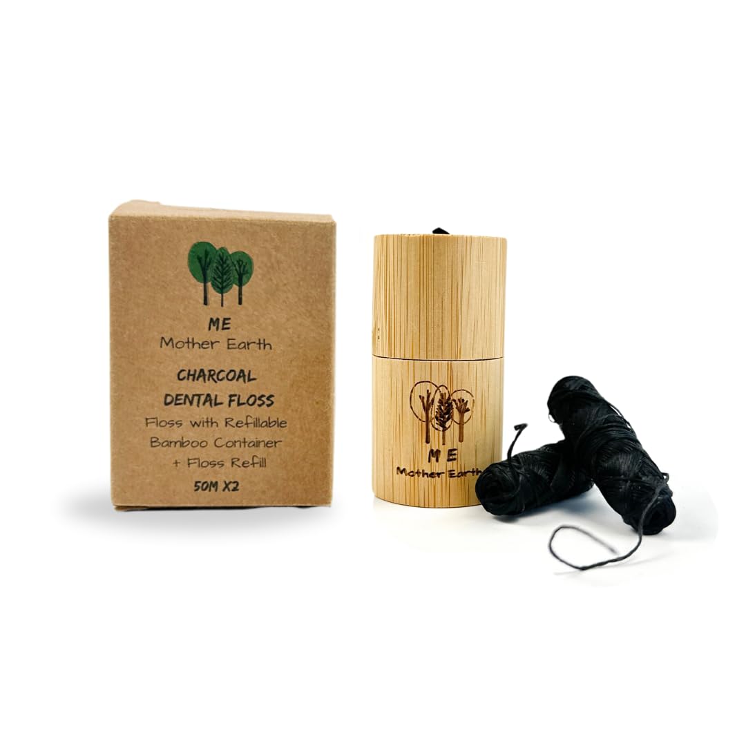Vegan Biodegradable Bamboo Charcoal Dental Floss with Refillable Bamboo Container with 30M x4 Refill | Peppermint Essential Oil | Eco Friendly Zero Waste Oral Care