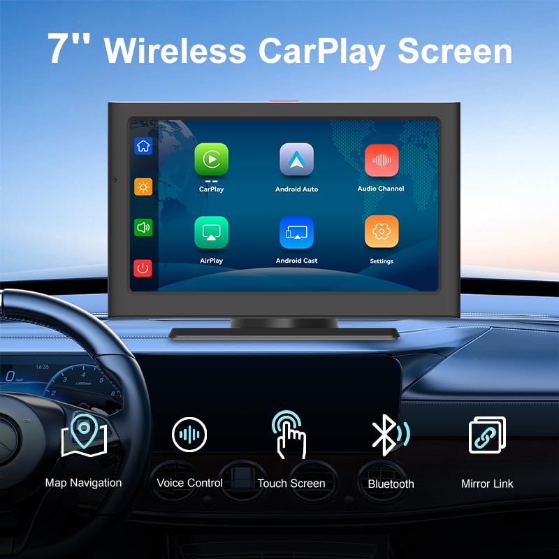 Portable Apple Carplay Screen for Car, 7" HD Car Stereo Touch Screen with Android Auto& Carplay, Rear Camera, Voice Control, Mirror Link, Bluetooth, Navigation, AUX - Fits All Vehicles