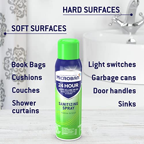 MICROBAN Disinfectant Spray, 24 Hour Sanitizing and Antibacterial Spray, Sanitizing Spray, Fresh Scent, 2 Count (15oz Each)