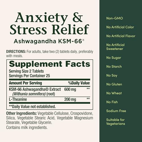 Nature’s Bounty Anxiety & Stress Relief Ashwagandha KSM 66 Tablets, Mood Support, 50 Count