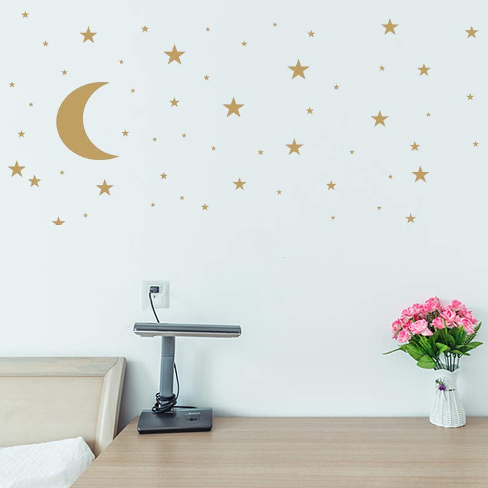 Moon and Stars Wall Decal Vinyl Sticker, Removable Children Kids Art DIY Sticker Mural for Boy Girls Baby Room Decoration Good Night Nursery Wall Decor Home House Bedroom Design (Golden)
