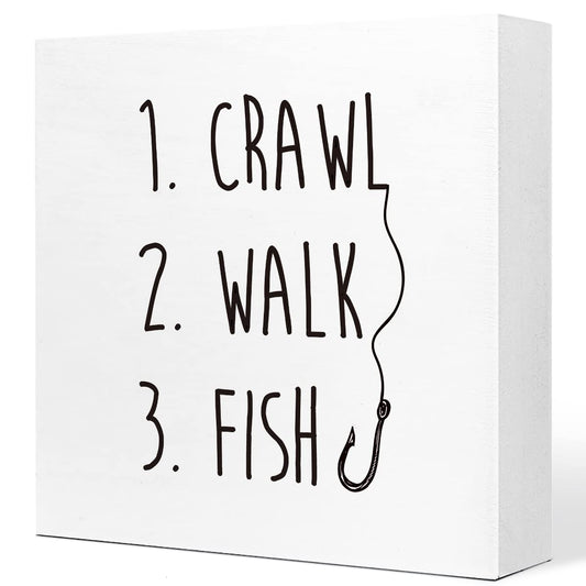 Crawl Walk Fish Rustic Wooden Sign Desk Decor,Funny Baby Fishing Wood Block Sign Desk Decorations for Home Bedroom Baby Room Desk Shelf Table Decor