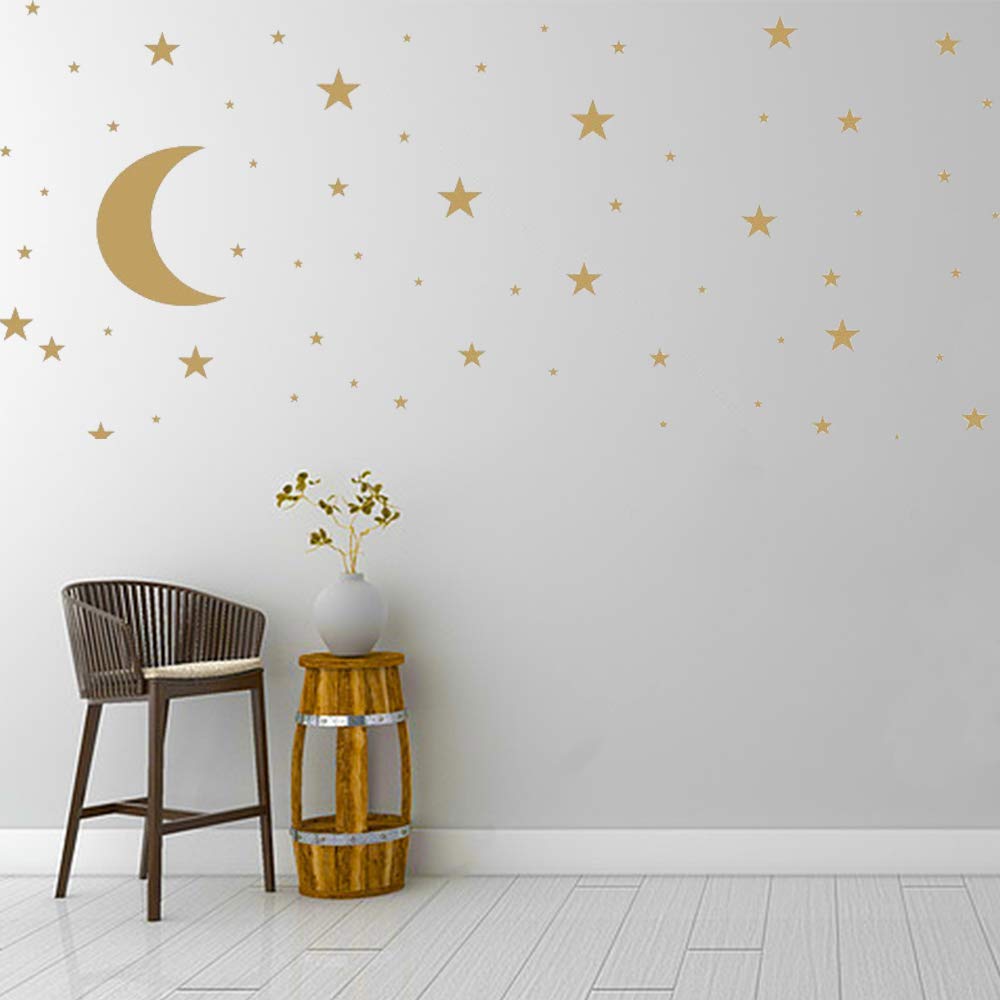 Moon and Stars Wall Decal Vinyl Sticker, Removable Children Kids Art DIY Sticker Mural for Boy Girls Baby Room Decoration Good Night Nursery Wall Decor Home House Bedroom Design (Golden)
