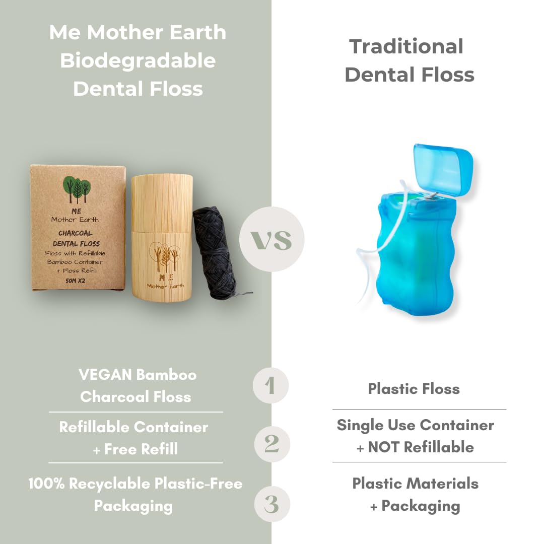 Vegan Biodegradable Bamboo Charcoal Dental Floss with Refillable Bamboo Container with 30M x4 Refill | Peppermint Essential Oil | Eco Friendly Zero Waste Oral Care