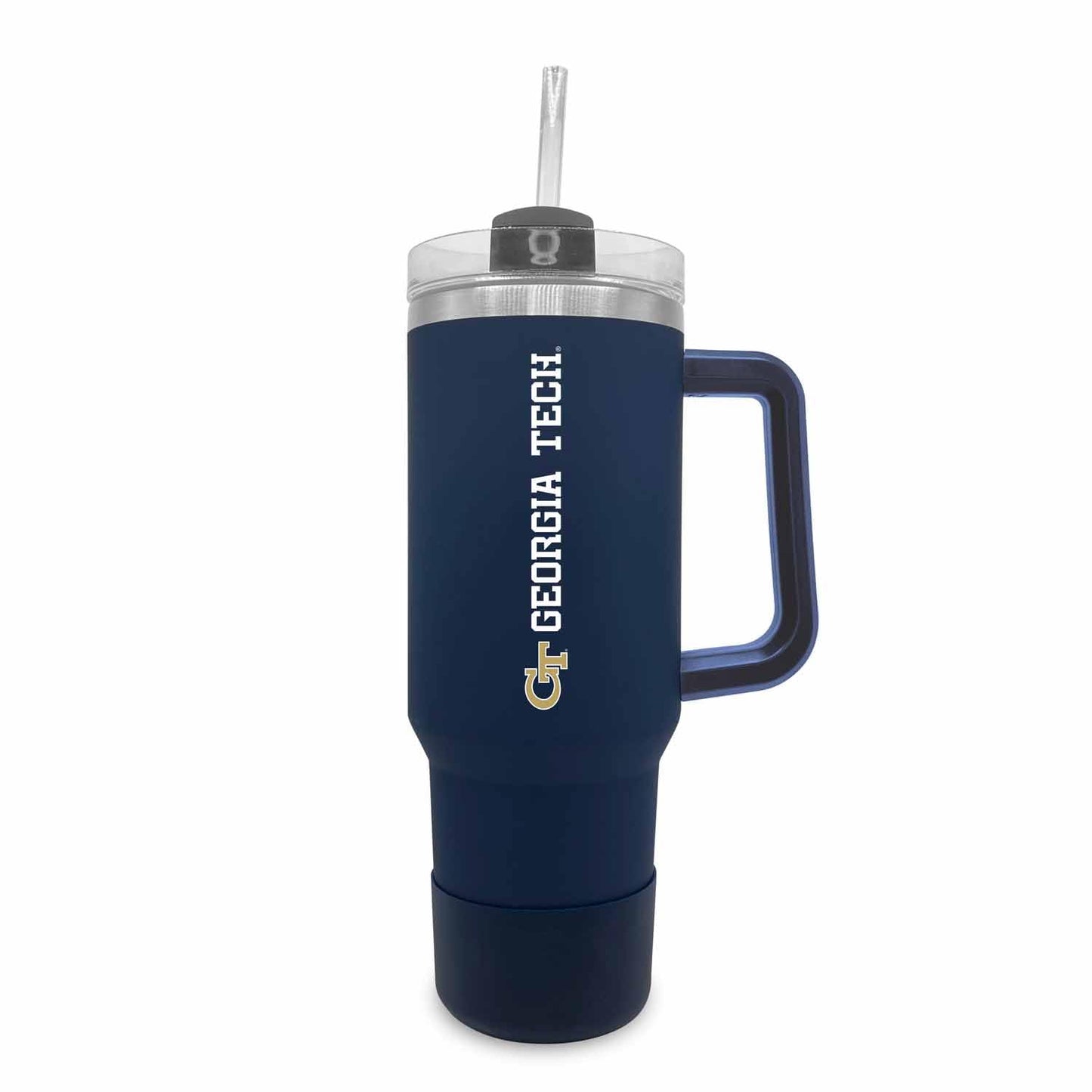 Campus Colors College & University 40 oz Travel Tumbler With Handle - Dual Option Lid With Straw - Vacuum Insulated Stainless Steel (Georgia Tech Yellowjackets - Navy)