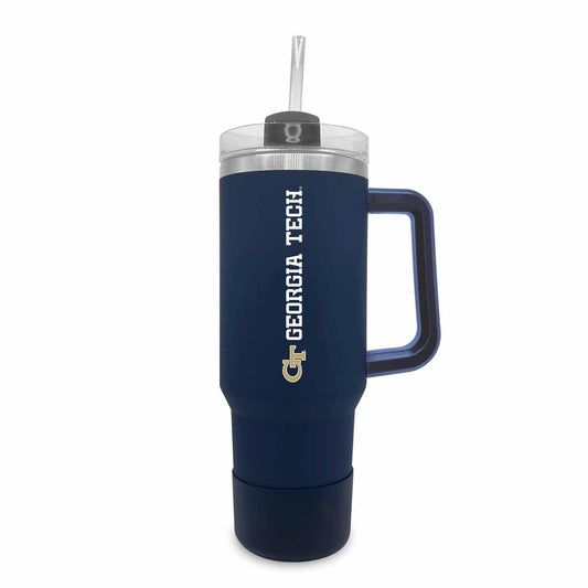 Campus Colors College & University 40 oz Travel Tumbler With Handle - Dual Option Lid With Straw - Vacuum Insulated Stainless Steel (Georgia Tech Yellowjackets - Navy)