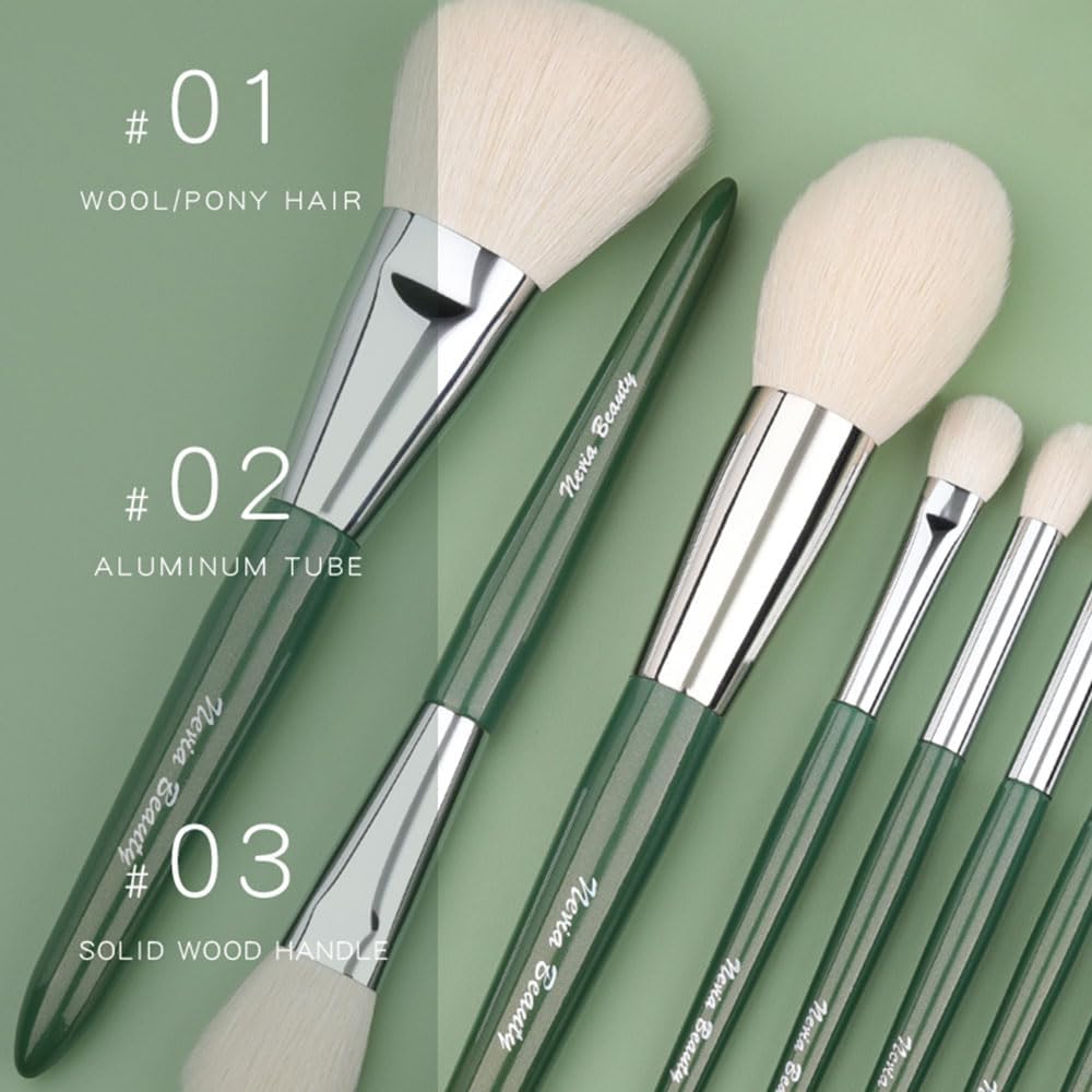 Natural Goat Hair Makeup Brushes Set Labeled 9 Piece Face and Eye Brush Set Ultra soft hair Foundation, Concealer, Blush, Contour, Blending, Eyeshadow Kabuki travel makeup brush set (green)