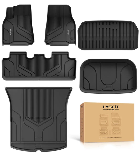 LASFIT 6PC Premium Extra Thick Floor Mats for Tesla Model Y 2025 2024 2023-2020 5 Seater | Custom Fit TPE All Weather | Model Y Accessories 1st & 2nd Row & Cargo Trunk Mats Full Set, Black