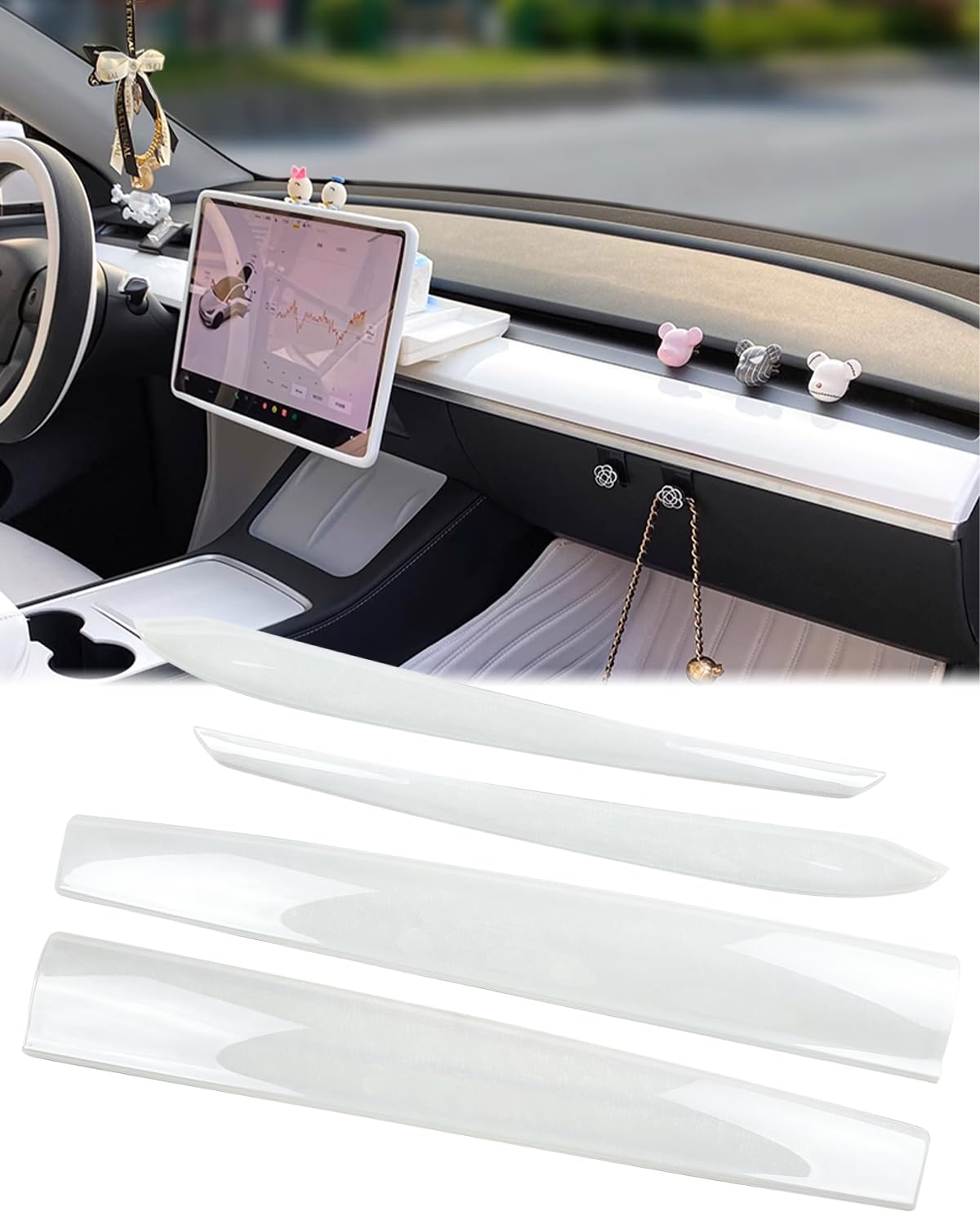 KKTR-CAR Dashboard Cover Wrap and Front Door Inner Armrest Panel Cover Trim Compatible with Tesla Model 3 2021-2023 Model y 2020-2025,NOT for Performance (Pearl White, 4pcs)