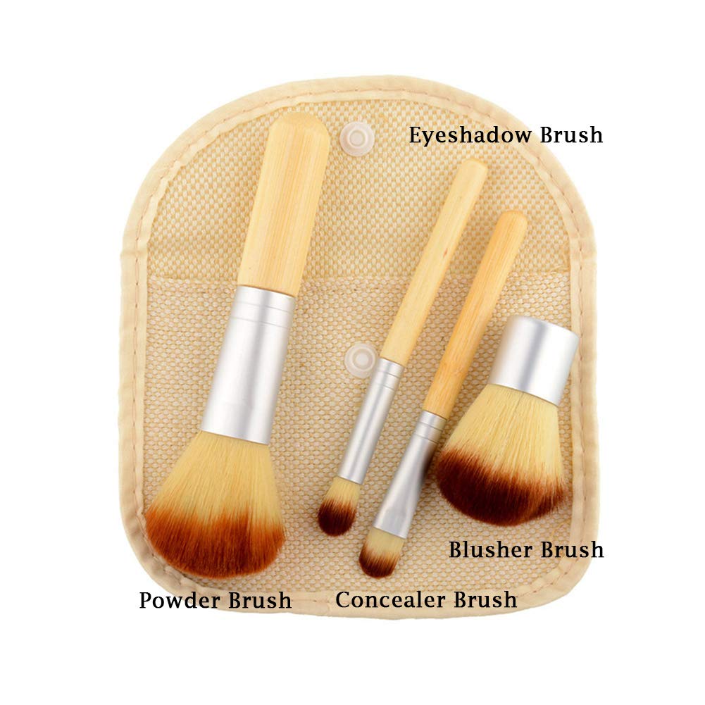 AKOAK 4 Pcs/Set Natural Bamboo Handle Makeup Brush, with a Storage Bag, Very Suitable for Travel, Blush/Powder/Eye Shadow Brush Set, Beauty Tools
