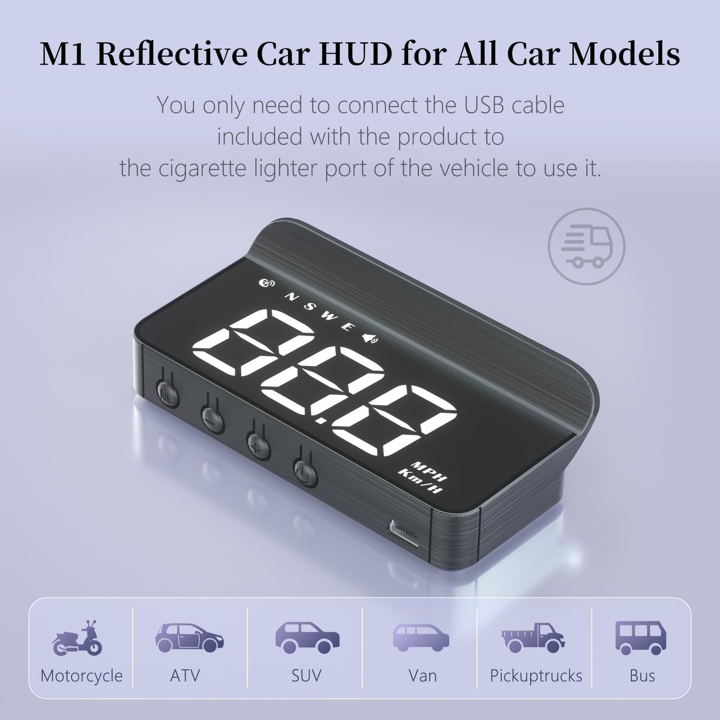 AZIJYV Car Heads Up Display, Windshield Speedometer Projector HUD M1white,Digital Speedometer for Car with Speed,Driving Direction,Overspeed Alarm,Fatigued Driving,Suitable for All Models