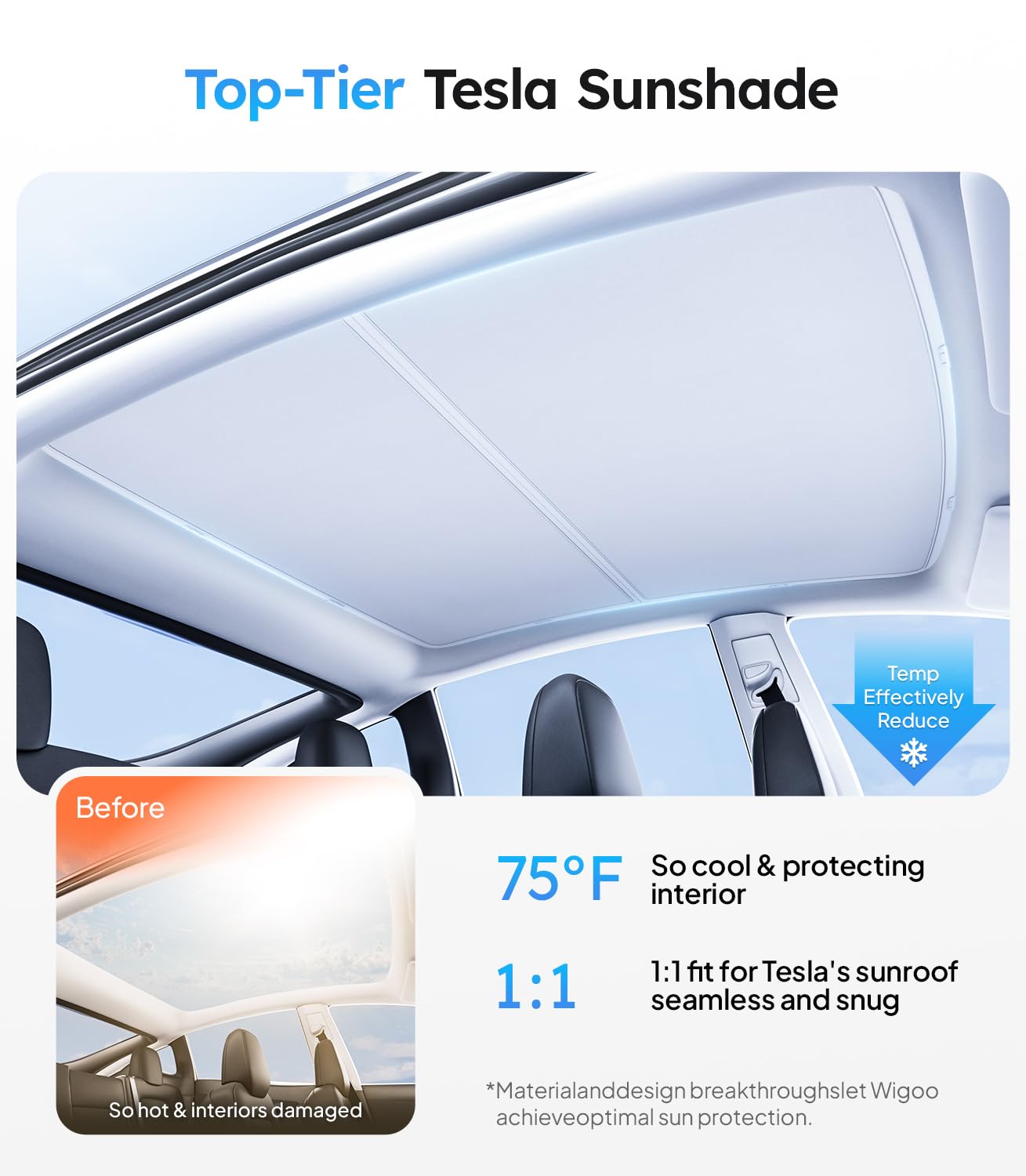 Wigoo 2025 Upgrade Tesla Model Y Sunshade Roof [Never Sag, Nano Ice-Crystal Coatings] 3-Gen Heat Insulation Glass Roof Sun Shade, Accessories for Tesla Model Y 2020~2025, Tesla Interior Gray
