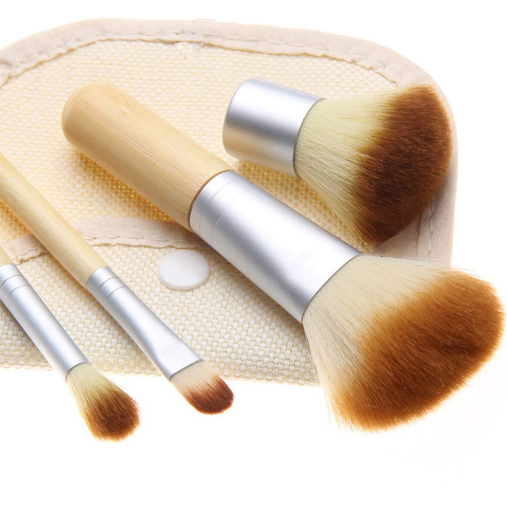 AKOAK 4 Pcs/Set Natural Bamboo Handle Makeup Brush, with a Storage Bag, Very Suitable for Travel, Blush/Powder/Eye Shadow Brush Set, Beauty Tools