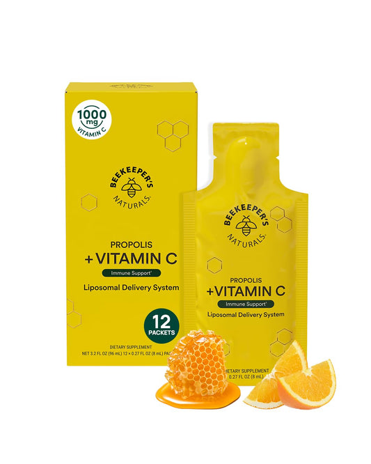 Propolis Liposomal Vitamin C by Beekeeper's Naturals, 1000mg Vitamin C, Propolis & Organic Honey, Supercharged Immune Support & Increased Bioavailibity for Max Absorption, 12 Ct