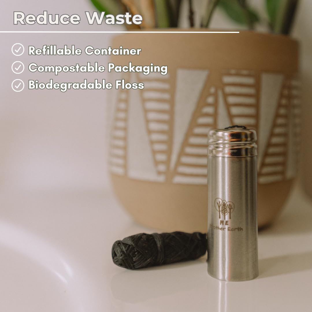 Vegan Biodegradable Bamboo Charcoal Dental Floss with Refillable Stainless Steel Container with 30M x4 | Peppermint Essential Oil | Eco Friendly Zero Waste Oral Care