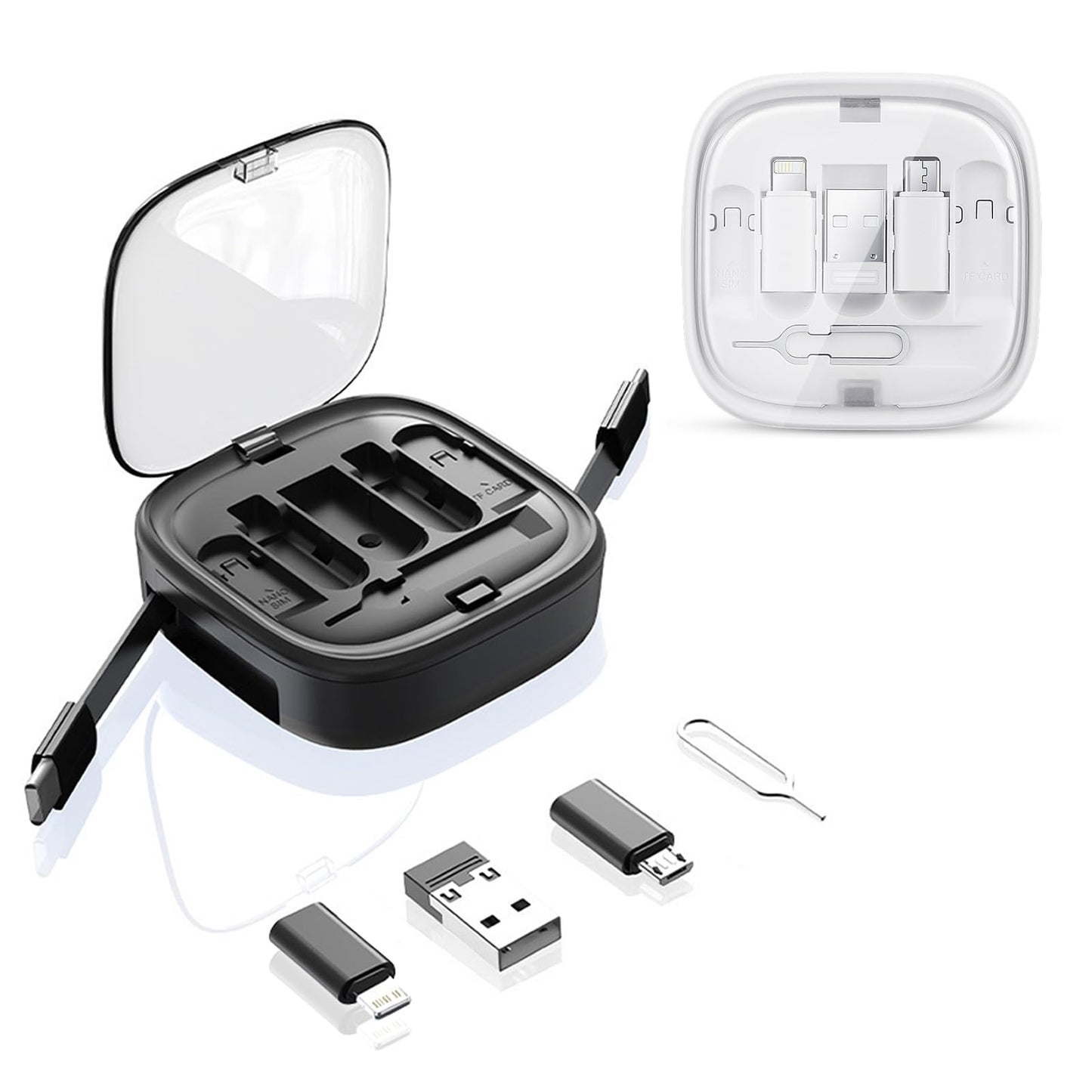 Retractable USB C Cable, Fast Charging Cord Type C 60W 3ft, 6 in 1 Charging Cord Organizer Travel Case, USB C to USB Adapter, SIM Card Removal Tool, College Essentials (2 Pack in Black & White)