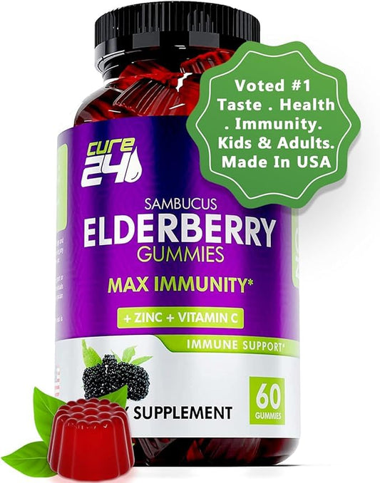 Cure24 Sambucus Elderberry Gummies + Vitamin C + Zinc for Kids & Adults, X3 Immune Support, Natural Flavors + Ingredients, Vegan, Non-GMO, Made in USA (60)