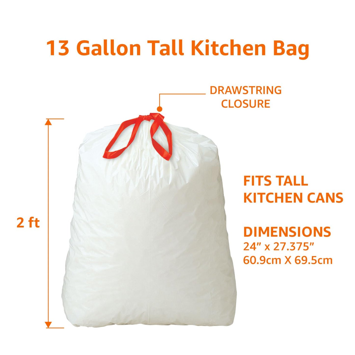 Amazon Basics Trash Bags, Tall Kitchen Drawstring, Unscented, 13 Gallon, 45 Count, Pack of 1