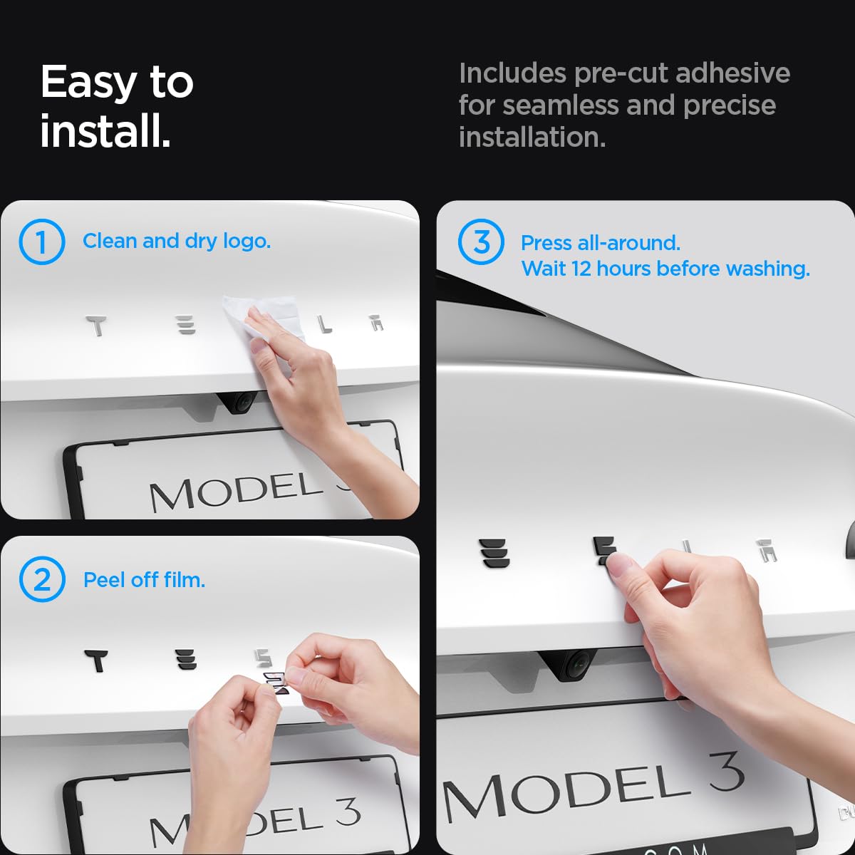 Spigen Rear Emblem Logo Full Cover Sticker Designed for Tesla Model 3 2025/2024 Refresh (Highland) - Black