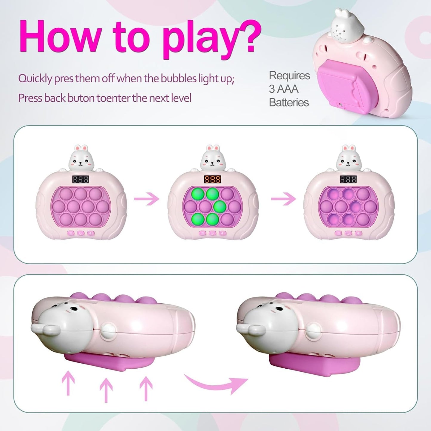 Blackma Fast Push Game Pop Fidget Toys for Kids, Handheld Puzzle Game Sensory Toys with LED Screen, Quick Push Light Up Game Gifts for 3-12 Year Old Girls Boys (Rabbit)